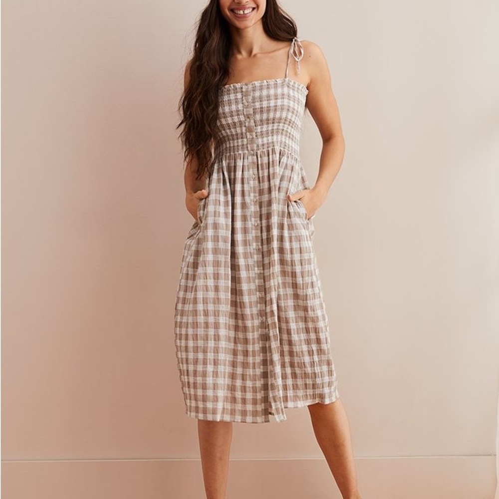 Aerie smocked Gingham Checkered Midi Dress with pockets
